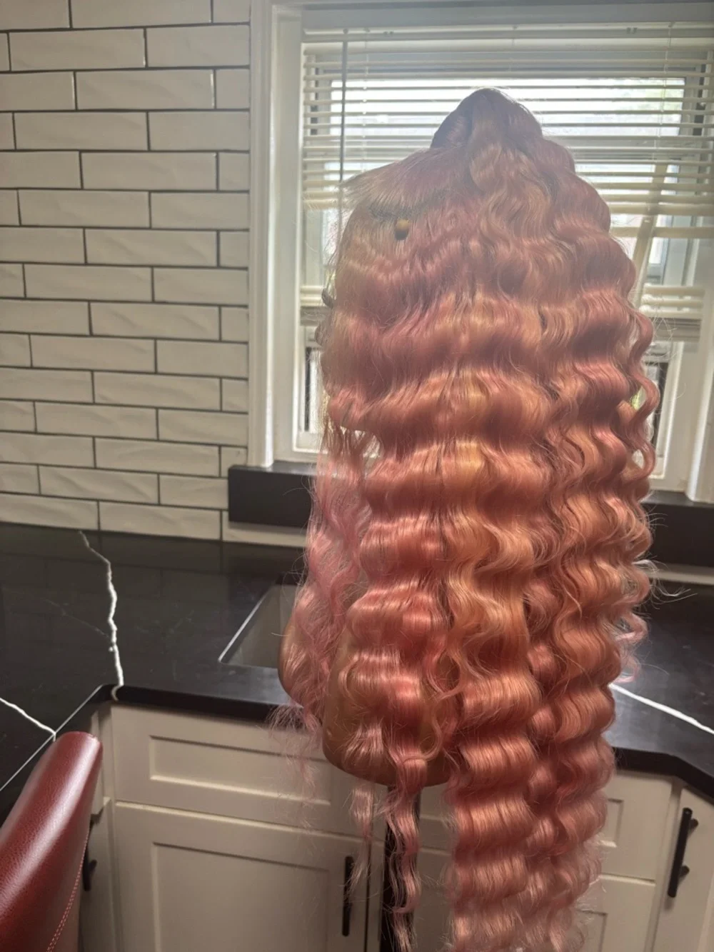 Human Hair Lace Front Wig- Long Wavy Pink Blonde Unit - Picture 7 of 8